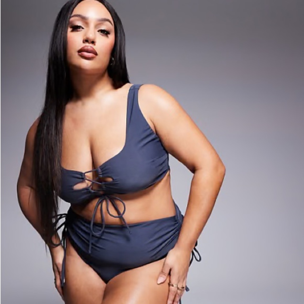 ASOS DESIGN Curve Sierra crop bikini top with ties in slate gray size 18